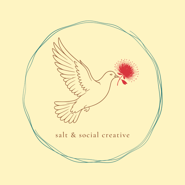 Salt & Social Creative logo: a dove carrying a lehua blossom inside a teal ring